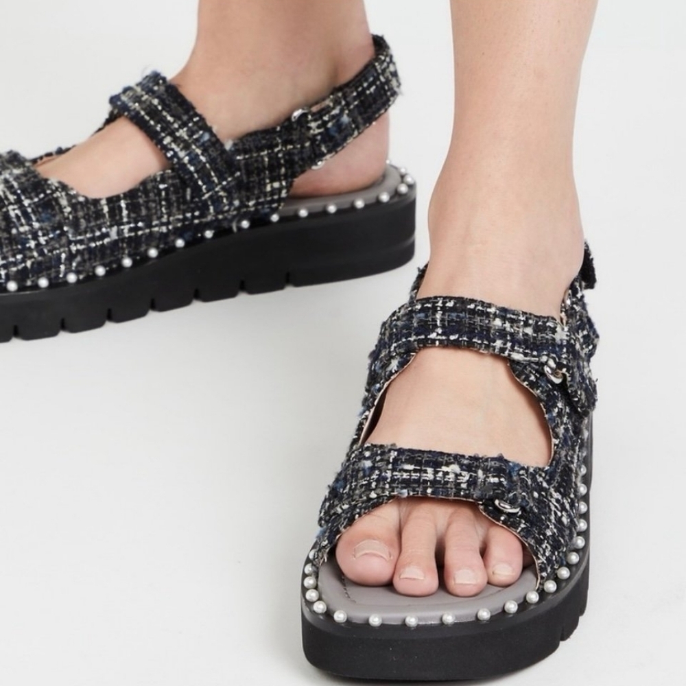 Stuart Weitzman Zoe Lift Embellished Tweed Sandals 7.5/38 NEW